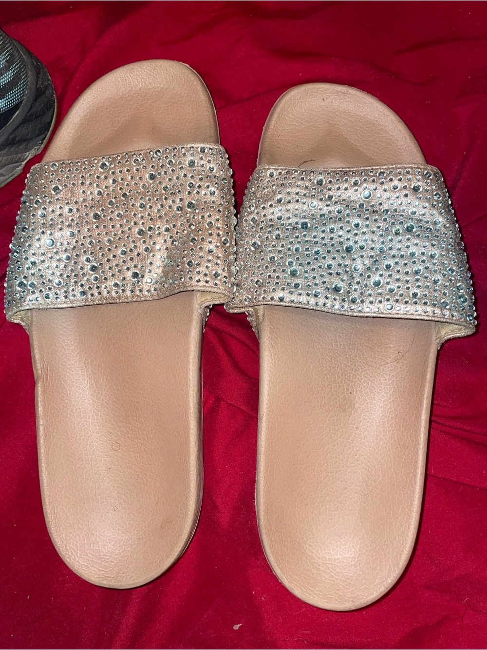 Crystal Embellished Slide Sandals - Nude
